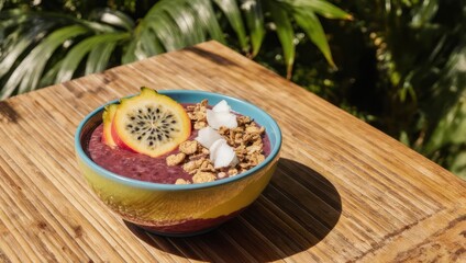 Colorful smoothie bowl with dragon fruit and granola, resting on a bamboo surface with foliage