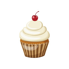 Sweet cupcake with white cream frosting and a red cherry on top.Vector