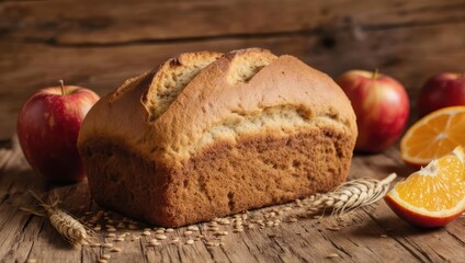 Close-up of freshly baked bread loaf, apples, and orange slices on rustic wooden surface