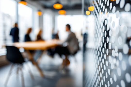 Defocused silhouettes inside a coworking conference room, focus on clean geometric patterns and neutral tones, with copy space