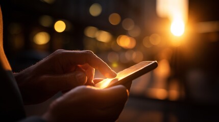As the sun sets, a man uses his smartphone, illuminated by the warm glow of the display and surrounding lights. The man is engaged with his smartphone, reflecting a moment of conne