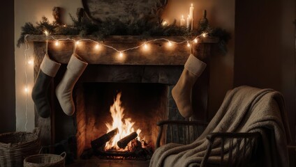 Cozy fireplace scene with stockings, lights, and chair, creating a warm, festive ambiance