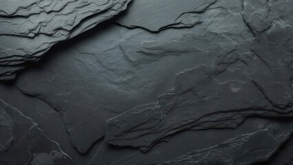 Close-up of overlapping dark gray slate tiles. Textural, natural stone surface