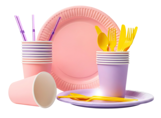 Pink and purple disposable party tableware set isolated on transparent background