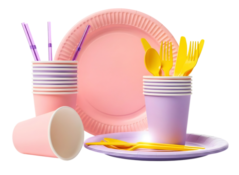 Pink and purple disposable party tableware set isolated on transparent background