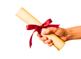 Hand holding a rolled diploma tied with red ribbon isolated on transparent background
