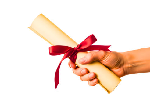 Hand holding a rolled diploma tied with red ribbon isolated on transparent background