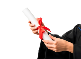 Graduation diploma scroll held by a person in academic regalia isolated on transparent background