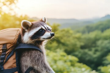 Adventurous raccoon exploring nature with a backpack in a scenic landscape