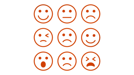 Nine orange smiley faces show different emotions against a black background.