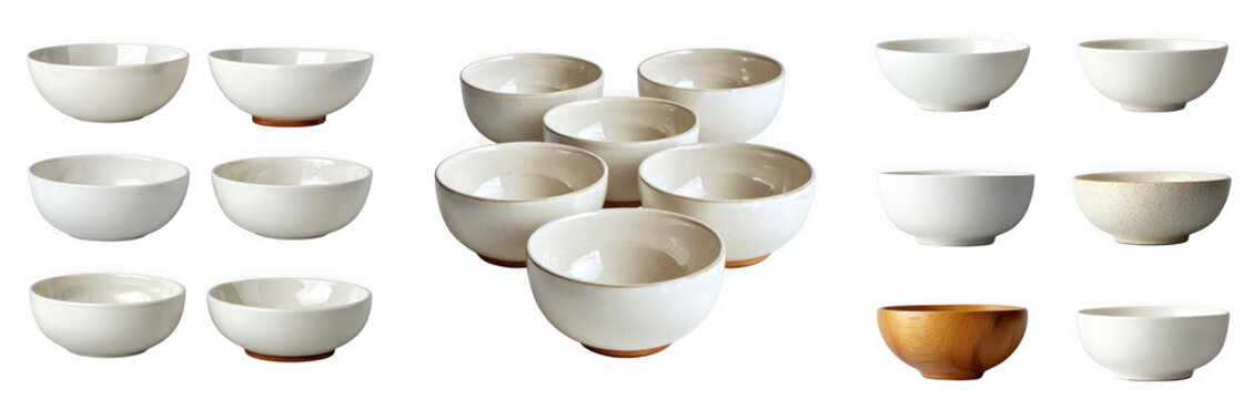 Collection of various ceramic and wooden bowls, including white textured and smooth designs, isolated on transparent background - Powered by Adobe