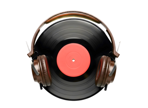 Vintage headphones resting on a vinyl record isolated on transparent background - Powered by Adobe