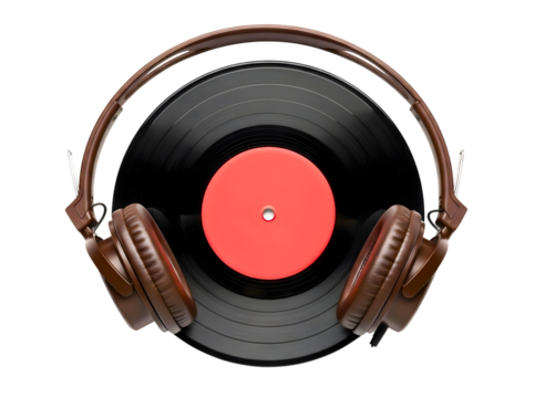 Vintage headphones resting on a vinyl record isolated on transparent background