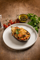 eggplant stuffed with spaghetti and swordfish