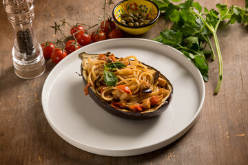 eggplant stuffed with spaghetti and swordfish