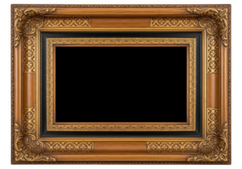 Ornate antique wooden picture frame with gold detail and black insert, isolated on transparent background