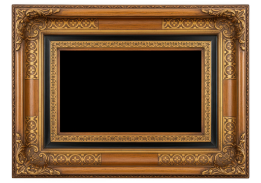 Ornate antique wooden picture frame with gold detail and black insert, isolated on transparent background