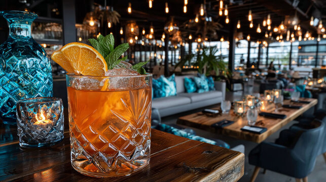 Colourful glass of rum and orange cocktail garnished with fresh fruit, rind and mint leaves standing on an old wooden bar counter