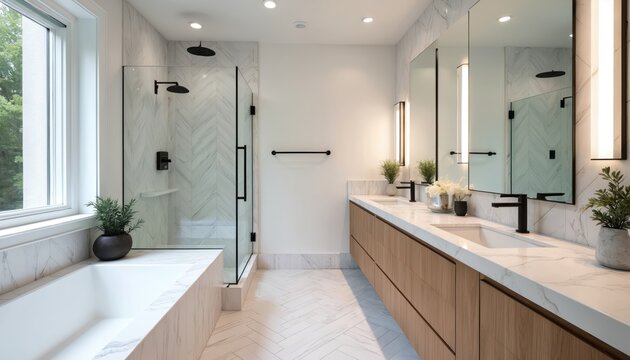 Modern bathroom features wood vanity, marble counters, herringbone tiles. Glass shower, soaking tub, double sinks create spa oasis. Natural light brightens clean, elegant room design. - Powered by Adobe
