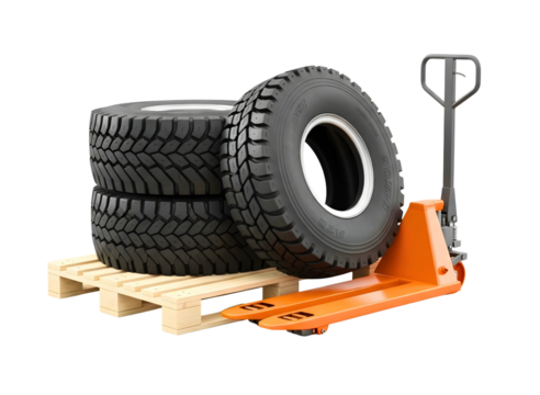 Stack of off road tires on wooden pallet with pallet jack isolated on transparent background