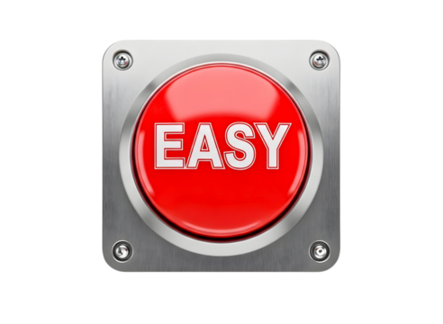 Red easy button with metal casing isolated on transparent background