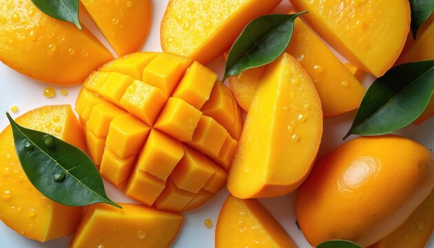 Juicy mango slices arranged. Fresh cut tropical fruit with vibrant yellow color. Healthy snack. Food still life. Top view. Delicious dessert. Healthy eating. Vitamin source