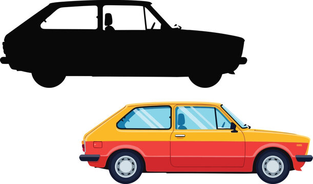 A vintage car illustration showcasing a silhouette and colorful version