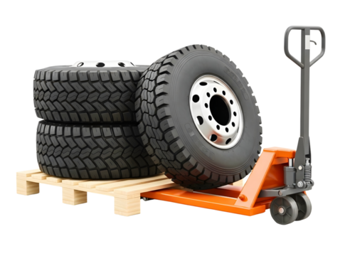 Stack of truck tires on pallet with pallet jack isolated on transparent background