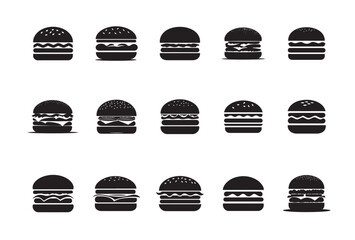 Collection of minimalist burger icons in black and white vector design