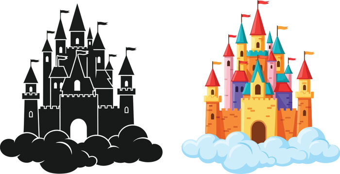 Colorful fairytale castle and its monochrome silhouette resting on fluffy clouds