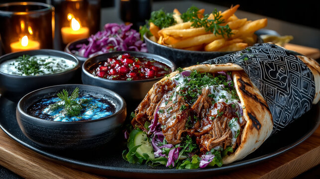 Close-up of Arabic fast food with meat, green salad, red onion, cucumber and French fries, all wrapped in a pita bread