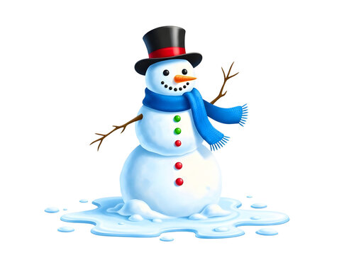 Melting snowman wearing a top hat and scarf isolated on transparent background