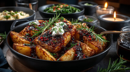 Fototapeta premium Tasty crispy fried wedges of potato with fresh rosemary served in an old metal skillet in a close up wide angle view