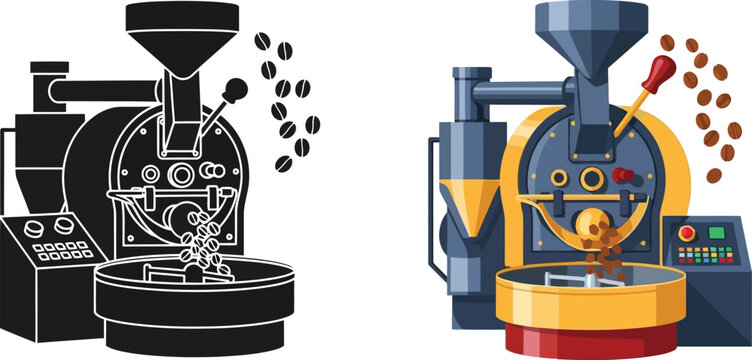 Detailed illustration of coffee roasters showcasing both color and monochrome versions