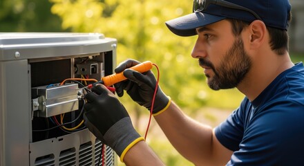 HVAC technician checking electrical components of an outdoor air conditioning unit with a multimeter.