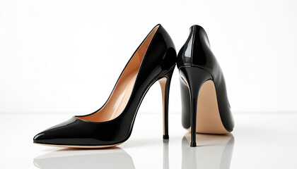 Pair of glossy black stilettos on white surface. Elegant high heels fashion footwear object. Classic pointed toe pumps. Studio shot with reflections. Glamour style.