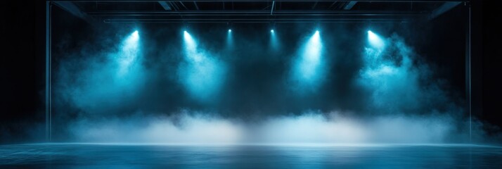 Dramatic stage with blue lighting and smoke effects