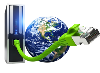 Computer connected to the earth with a green network cable isolated on transparent background