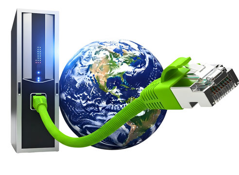 Computer connected to the earth with a green network cable isolated on transparent background