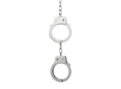 Silver metal handcuffs hanging isolated on transparent background