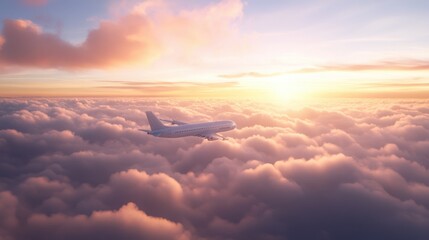 Airplane flying above clouds during majestic sunset