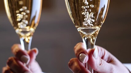 Champagne elegance celebration toast, closeup of two hands holding sparkling wine glasses, festive mood, luxury event, sparkling wine, hand