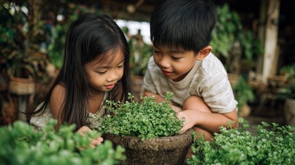 In a lush garden setting, a boy and girl examine a thriving Callisia Repens plant in a pot, showing their curiosity about gardening. The siblings lean in closely, demonstrating a k