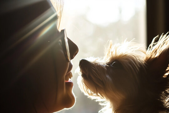 Joyful child hugging golden retriever puppy in warm sunlight showing happy pet moment, generative ai