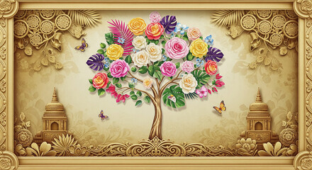 3D Wall Mural relief wallpaper Abstract Tree Design with Watercolor Flowers, Vintage Gold Embossing, and Religious & Cultural Motifs for Elegant Home decor canvas print painting design