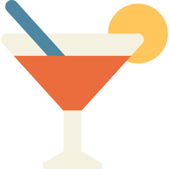 A vibrant orange cocktail in a martini glass with a blue straw and a yellow garnish isolated on a transparent background
