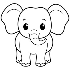 Cute Baby Elephant Line Art Illustration with Big Eyes - Black and White Vector Sketch for Coloring Book or Nursery Decor
