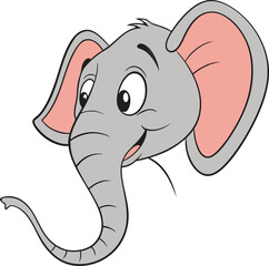 Funny Cartoon Elephant Head Illustration with Gray Skin and Pink Ears - Playful Animal Character with Outstretched Trunk Isolated
