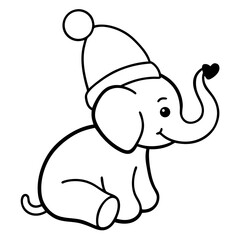 Cute Baby Elephant in Nightcap Balancing Red Heart on Trunk - Hand Drawn Pencil Sketch Illustration for Nursery
