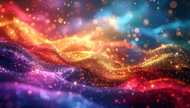 Abstract glowing waves ripple with vibrant, blended colors and shining particles creating a fantasy landscape